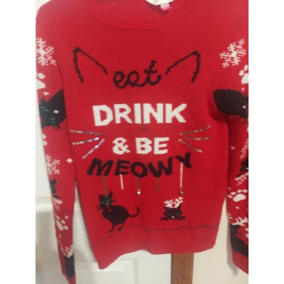 No Boundries Ugly Christmas Sweater Eat Drink And Be Meowy Size M 7-9 Cats - Picture 3 of 11